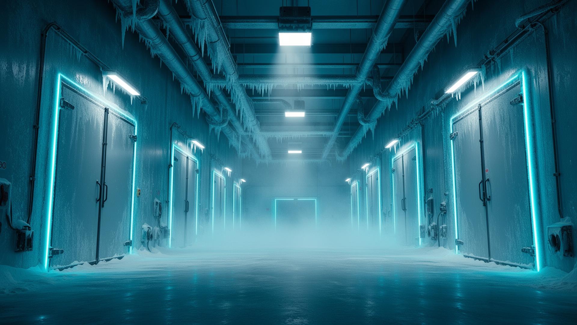 Frozen industrial cold room corridor
