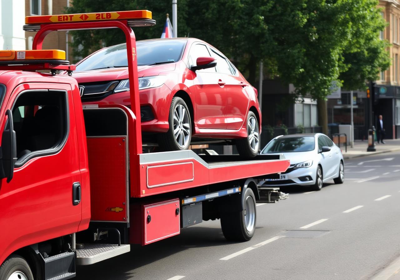 Red recovery truck loading a car